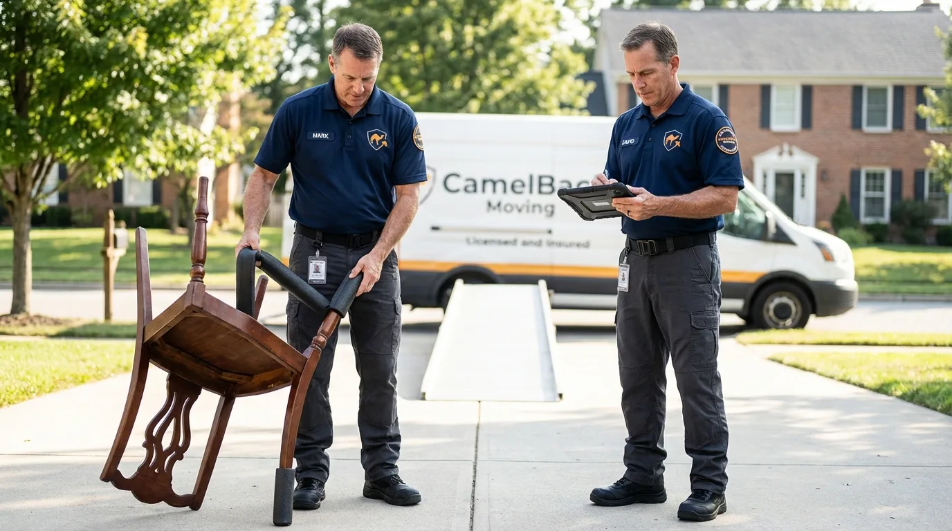 Movers inspecting furniture for damage prevention before loading in Horn Lake, MS