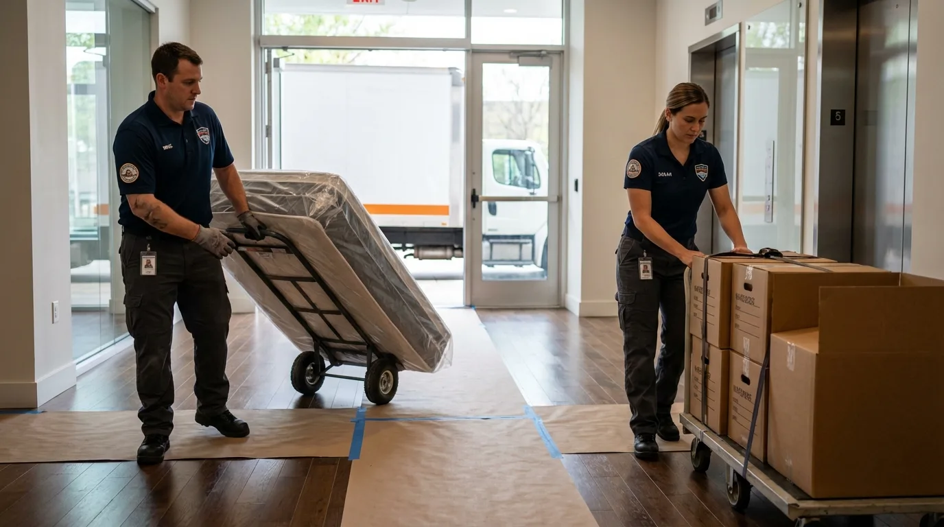 Professional apartment movers loading elevator in Horn Lake, MS